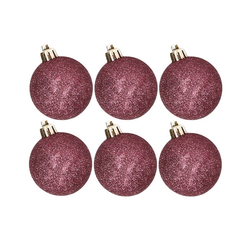 Foto van 6x stuks kunststof glitter kerstballen aubergine roze 6 cm - kerstbal