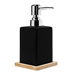 Foto van Quvio zeep dispenser met houten onderzetter - zwart