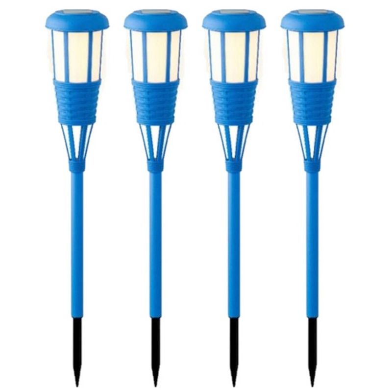 Foto van 4x stuks solar tuinfakkel/tuinlamp blauw op zonne-energie 61 cm - fakkels