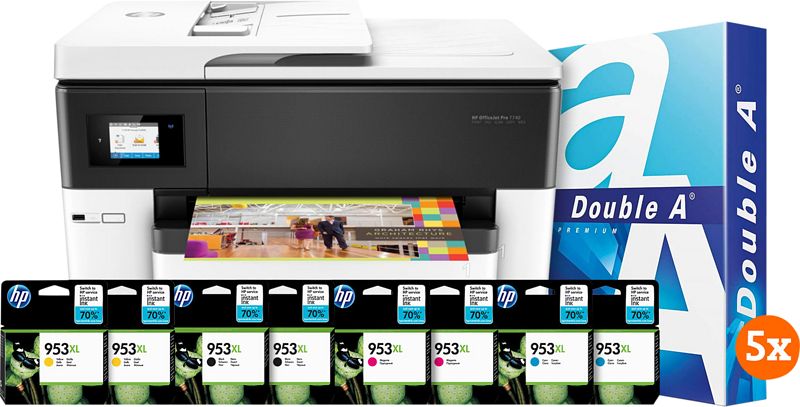 Foto van Hp officejet 7740 + 2 set extra inkt + 2500 vellen a4 papier