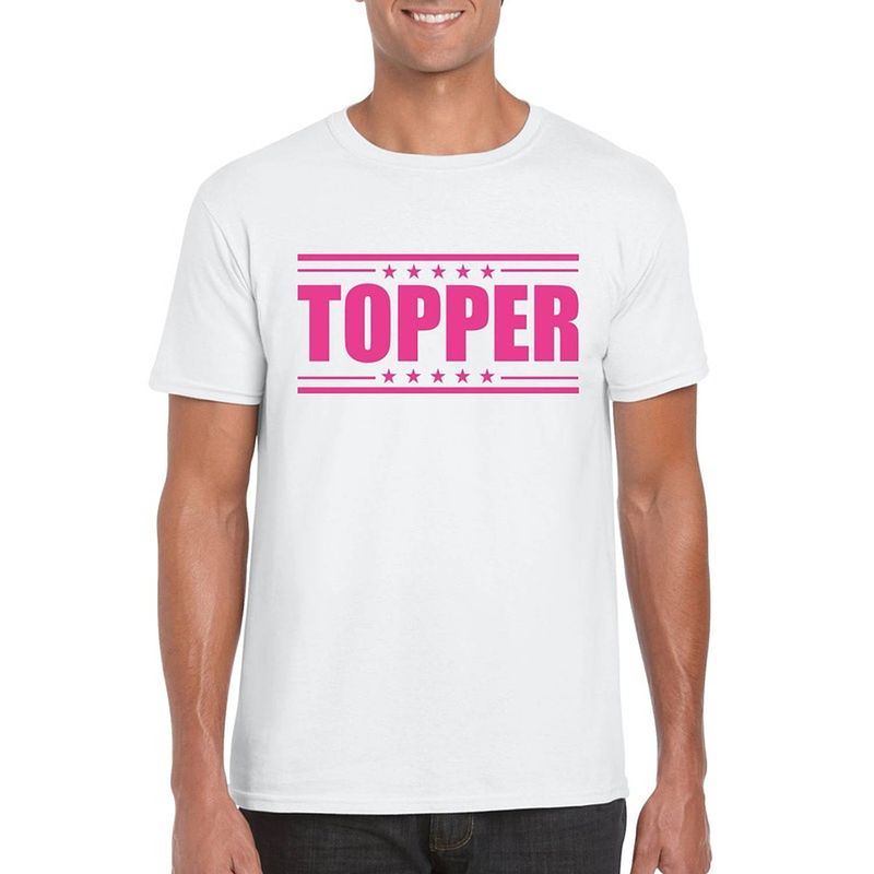 Foto van Toppers topper t-shirt wit met roze bedrukking heren l - feestshirts