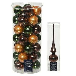 Foto van 49x stuks glazen kerstballen dennengroen/cognac/donkerbruin 6 cm inclusief donkerbruine piek - kerstbal