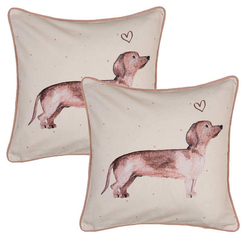 Foto van Haes deco - set van 2 sierkussens - 40x40x4 cm - 100% katoen - dachshund love