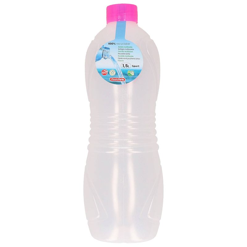 Foto van Plasticforte drinkfles/waterfles/bidon - 1500 ml - transparant/roze - kunststof - drinkflessen