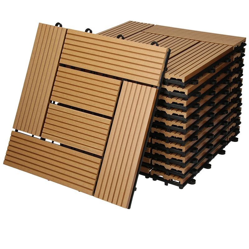 Foto van Ecd germany wpc patio tegels 30 x 30 cm 55er spar set für 5m² teakhouten mozaïek look voor tuinbalkonvloeren met afvoer