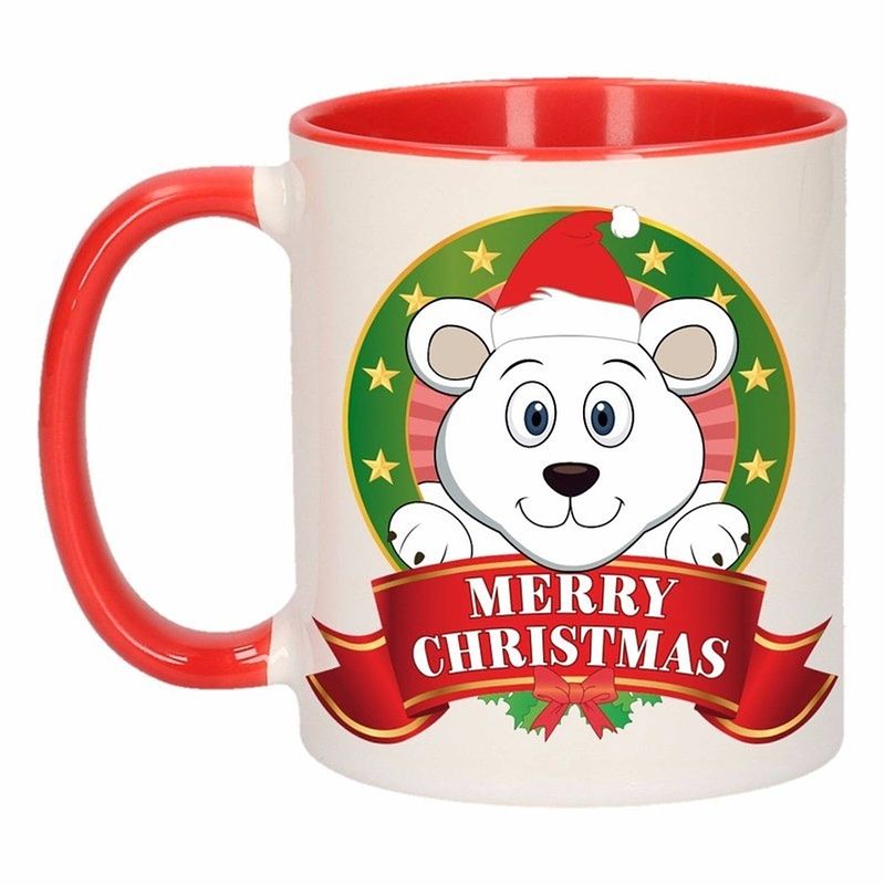 Foto van 1x kerst beker / mok - rood met wit - 300 ml keramiek - ijsbeer print