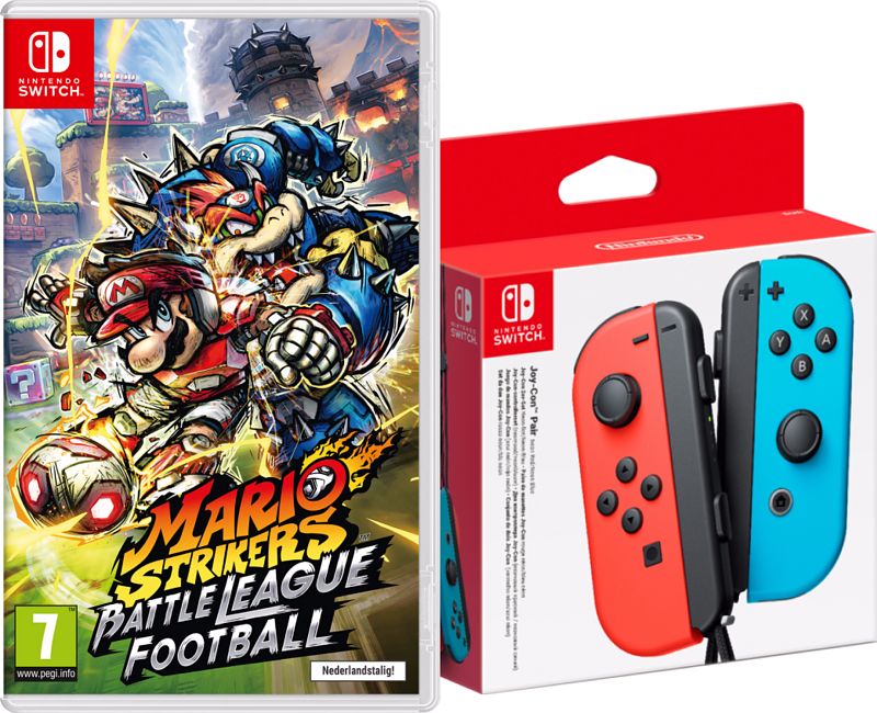 Foto van Mario strikers battle league + joy-con set rood/blauw