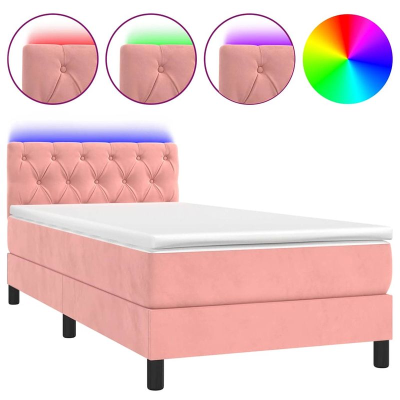 Foto van The living store boxspring - roze fluweel bed met led - 203x80x78/88 cm - pocketvering matras - 80x200x20 cm -