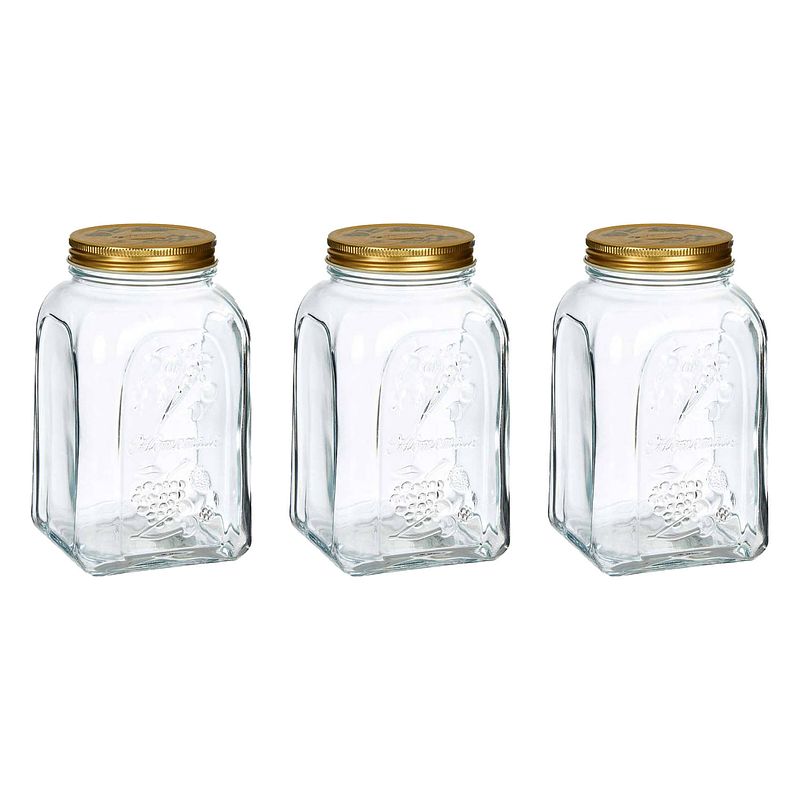 Foto van Pasabahce voorraadpot/bewaarpot square - 3x - glas - 1,5l - transparant/goud - d10 x h19 cm - voedsel bewaren - voorraad