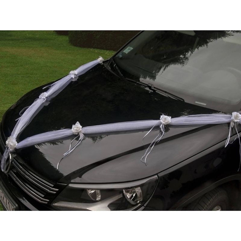 Foto van Trouwauto organza lint met roosjes creme - feestdecoratievoorwerp