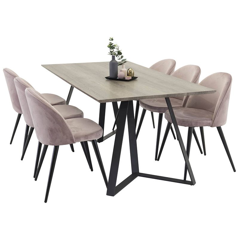 Foto van Marinagrbl eethoek eetkamertafel el hout decor grijs en 6 velvet eetkamerstal velours roze, zwart.