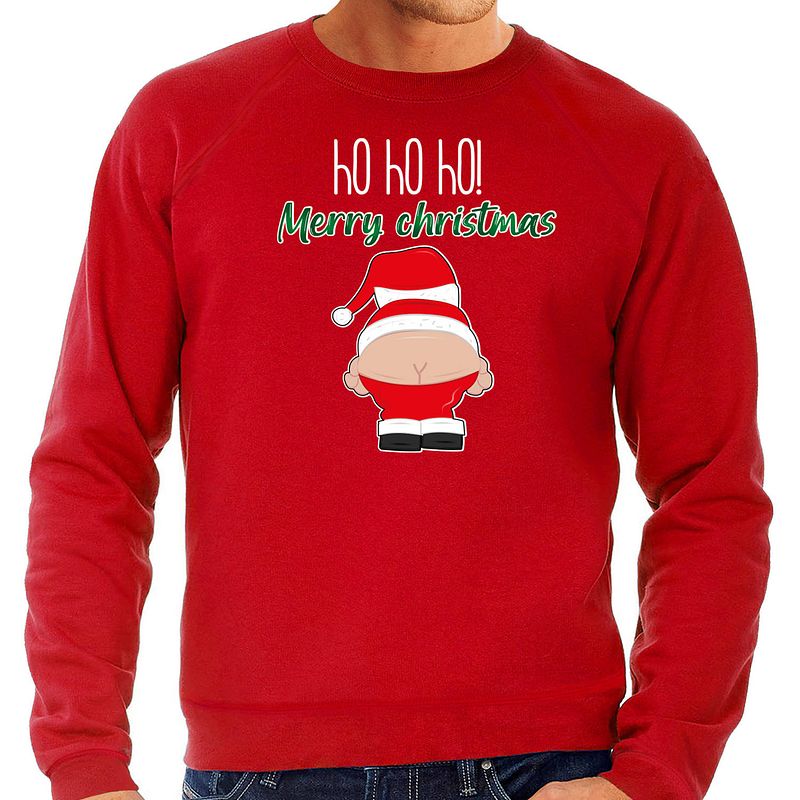 Foto van Bellatio decorations foute kersttrui/sweater heren - kerstman - rood - merry christmas 2xl - kerst truien