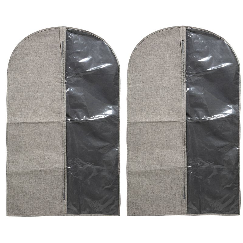 Foto van Set van 2x stuks kleding/beschermhoezen polyester/katoen grijs 100 cm inclusief kledinghangers - kledinghoezen