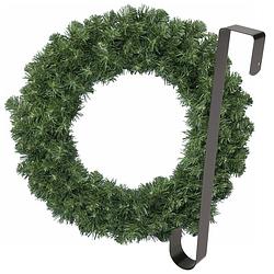 Foto van Kerstkrans 35 cm - groen - met zwarte hanger/ophanghaak - kerstversiering - kerstkransen