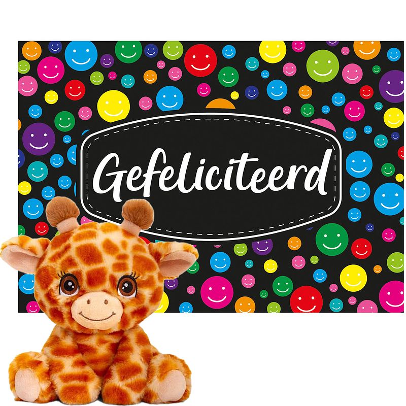 Foto van Keel toys - cadeaukaart gefeliciteerd met knuffeldier giraffe 25 cm - knuffeldier