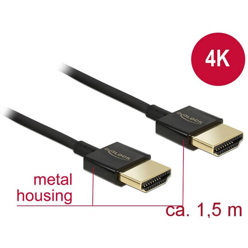 Foto van Delock hdmi aansluitkabel hdmi-a stekker, hdmi-a stekker 1.50 m zwart 84772 vergulde steekcontacten hdmi-kabel