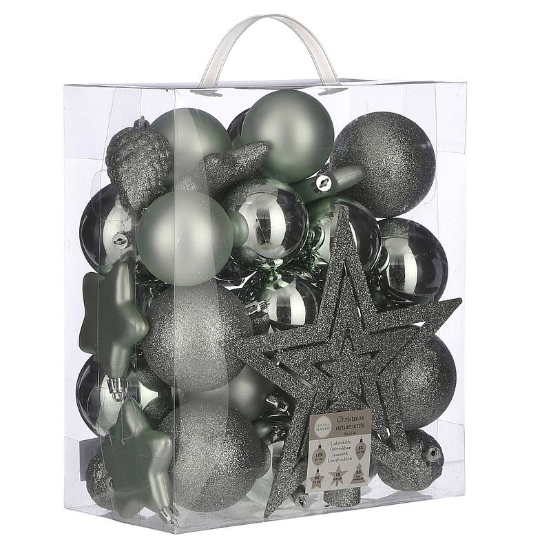 Foto van 39x stuks kunststof kerstballen en kerstornamenten met ster piek groen mix - kerstbal