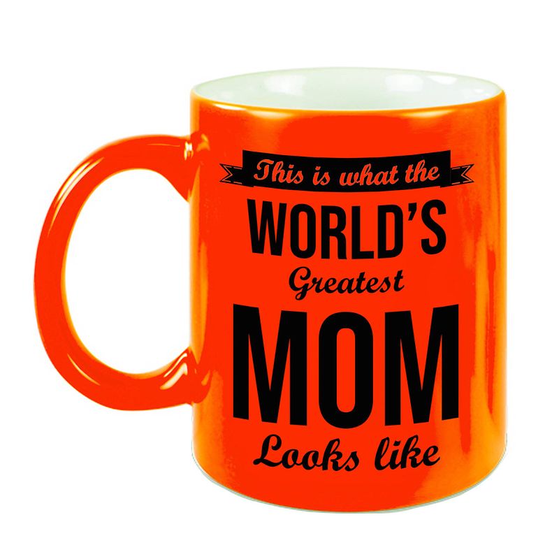 Foto van Worlds greatest mom cadeau koffiemok / theebeker neon oranje 330 ml - feest mokken