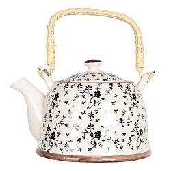 Foto van Haes deco - chinese theepot - porselein - zwarte bloemen - theepot 800 ml - traditioneel theeservies, theekan