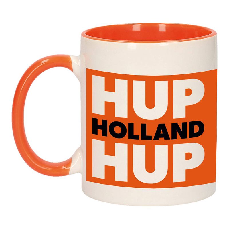 Foto van Hup holland hup mok/ beker oranje wit 300 ml - feest mokken