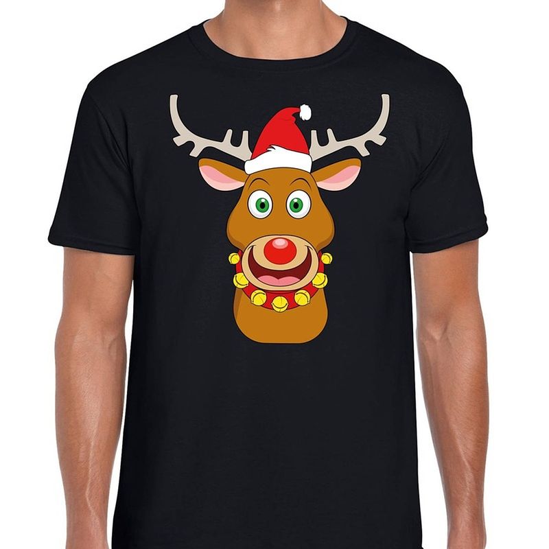 Foto van Foute kerst t-shirt rendier rudolf rode kerstmuts zwart heren xl