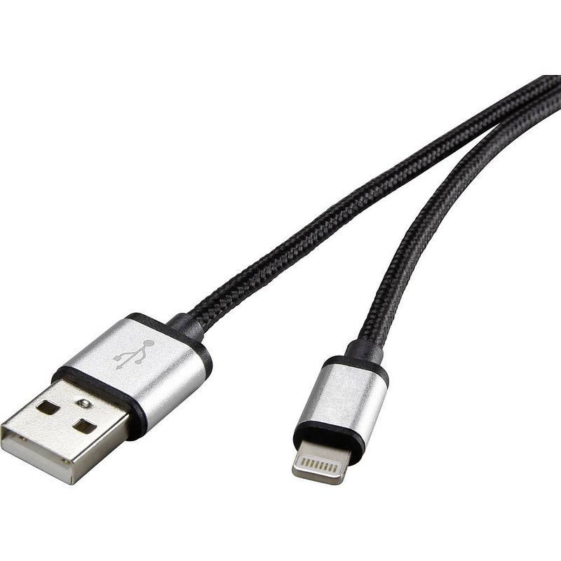 Foto van Renkforce usb-kabel usb 2.0 usb-a stekker, apple lightning stekker 1.50 m donkergrijs gesleeved rf-3969330