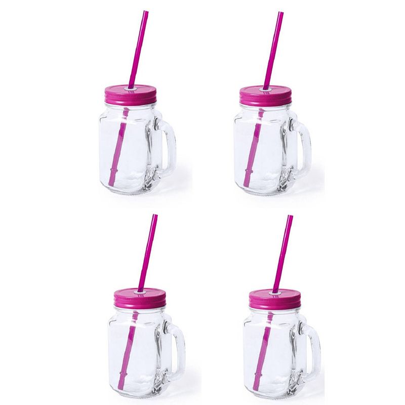 Foto van 4x stuks drink potjes van glas mason jar roze deksel 500 ml - drinkbekers