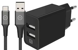 Foto van Xtrememac oplader met 2 usb a poorten 12w + bluebuilt usb c  kabel 1,5m nylon zwart