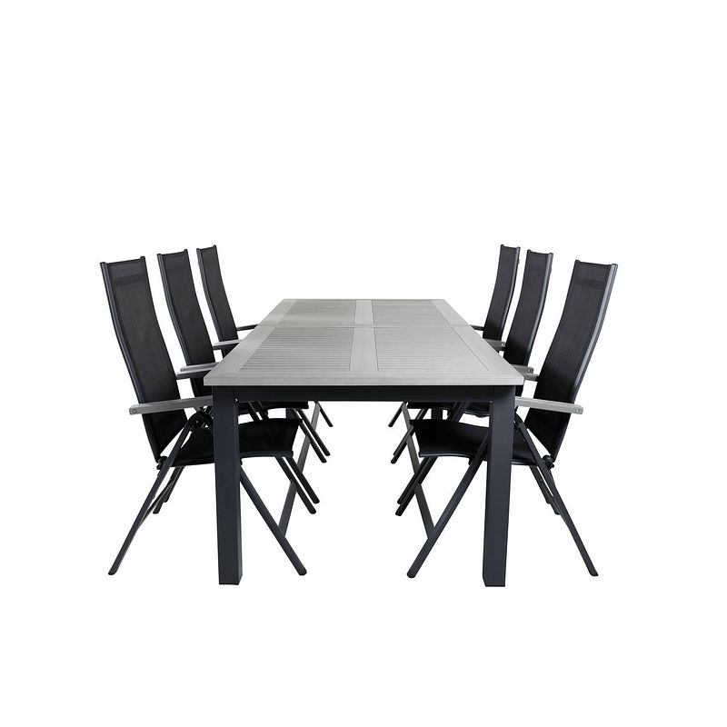 Foto van Albany tuinmeubelset tafel 100x224/324cm en 6 stoel l5pos albany zwart, grijs.