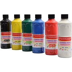 Foto van Tempera verf 250 ml - 6 stuks - blauw - geel - groen - rood - wit - zwart - set van 6x acrylverf / temperaverf - 6