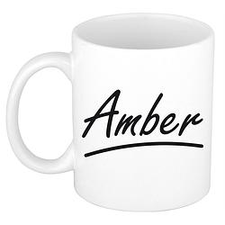 Foto van Naam cadeau mok / beker amber met sierlijke letters 300 ml - naam mokken