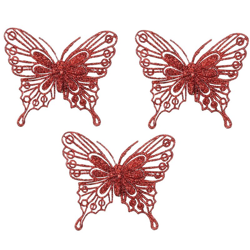 Foto van House of seasons kerst vlinders op clip - 3x st - rood glitter - 10 cm - kersthangers