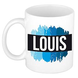 Foto van Naam cadeau mok / beker louis met blauwe verfstrepen 300 ml - naam mokken