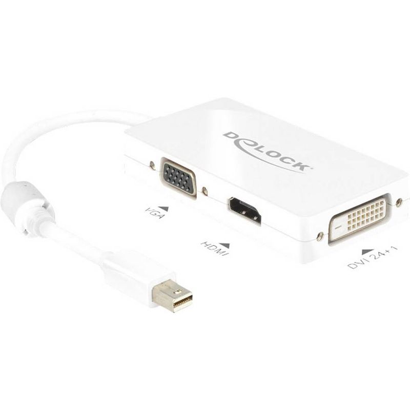 Foto van Delock 62630 displayport / vga / hdmi / dvi adapter [1x mini-displayport stekker - 1x vga-bus, hdmi-bus, dvi-bus 24+1-polig] wit met ferrietkern 16.00 cm