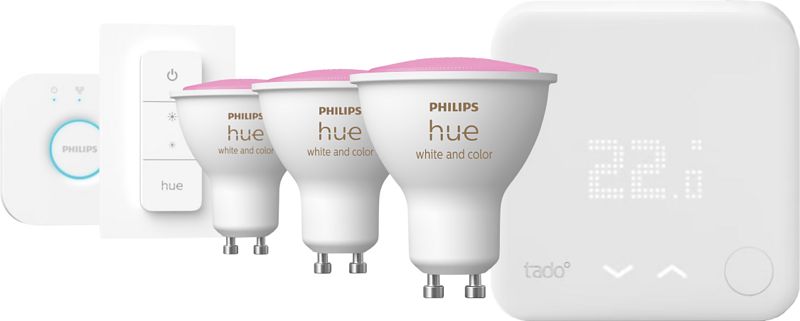 Foto van Tado slimme thermostaat v3+ startpakket + philips hue white & color 3-pack gu10