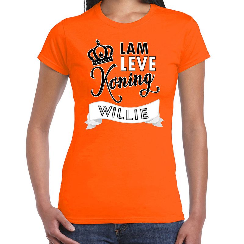 Foto van Oranje koningsdag t-shirt - lam leve koning willie - dames l - feestshirts