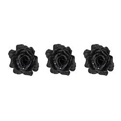 Foto van 6x stuks decoratie bloemen roos zwart glitter op clip 10 cm - kersthangers