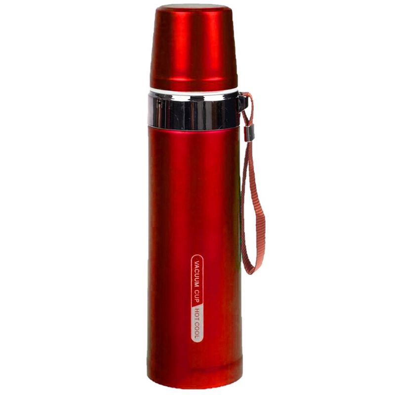 Foto van Thermosfles / isoleerfles rvs met bandje voor onderweg 750 ml rood - thermosflessen