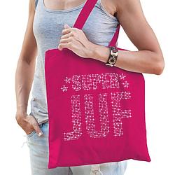 Foto van Glitter super juf katoenen tas roze rhinestones steentjes voor dames - feest boodschappentassen