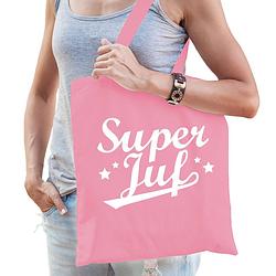Foto van Cadeau tas voor juf - super juf - roze - katoen - 42 x 38 cm - juffendag - feest boodschappentassen