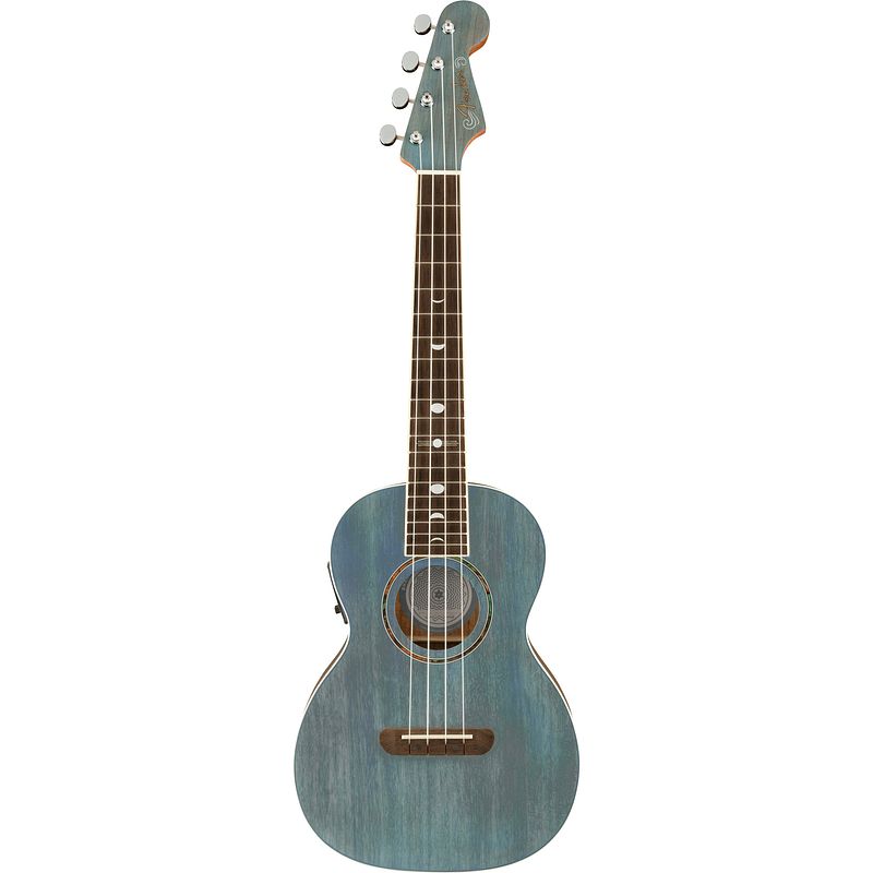 Foto van Fender dhani harrison ukulele turquoise wn elektrisch-akoestische tenor ukelele