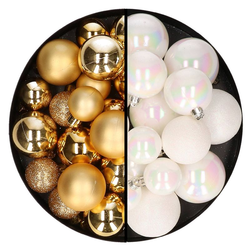 Foto van Kerstballen 60x stuks - mix goud/parelmoer wit - 4-5-6 cm - kunststof - kerstbal