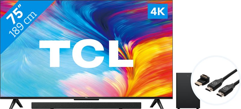 Foto van Tcl 75p635 (2022) + soundbar + hdmi kabel