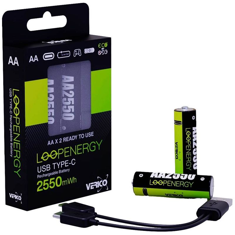 Foto van Verico loopenergy aa usb-c mignon-akku 2550mwh 1,5v 2 st. oplaadbare aa batterij (penlite) li-ion 1700 mah 1.5 v 2 stuk(s)