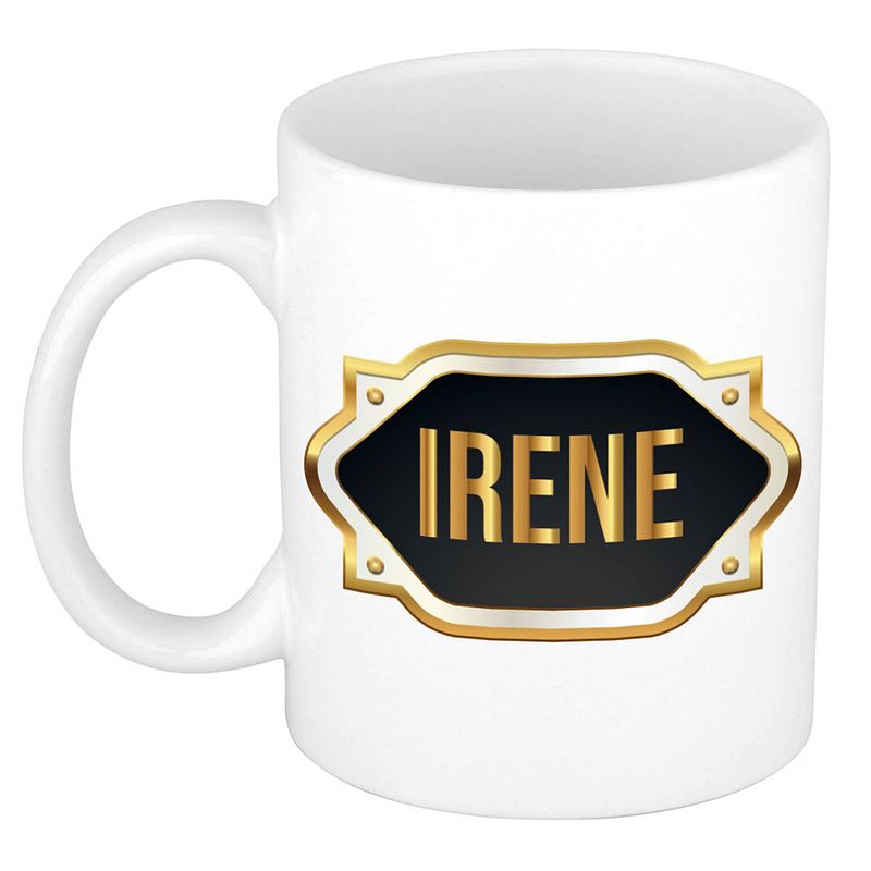 Foto van Naam cadeau mok / beker irene met gouden embleem 300 ml - naam mokken