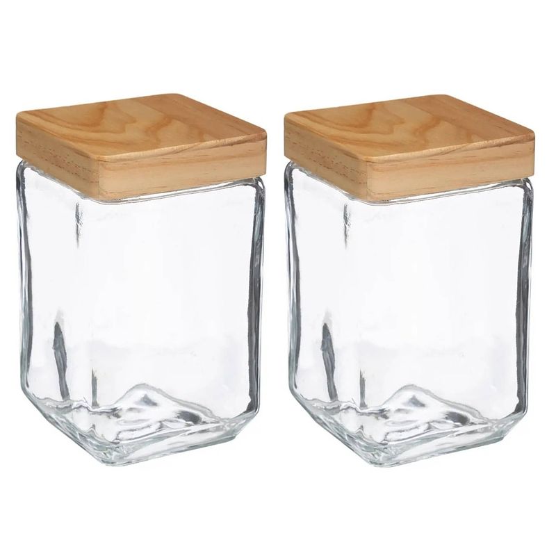 Foto van 2x stuks voorraadbussen/voorraadpotten 1,7l glas met houten deksel - voorraadpot