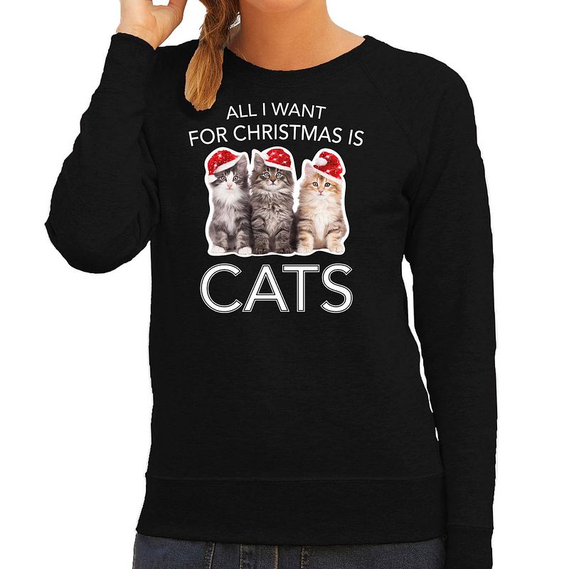 Foto van Zwarte kersttrui / kerstkleding all i want for christmas is cats voor dames 2xl - kerst truien