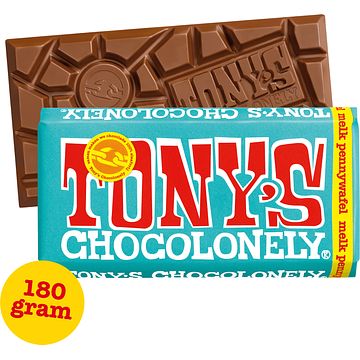 Foto van 2 voor € 4,50 | tony's chocolonely melk pennywafel chocolade reep 180g aanbieding bij jumbo