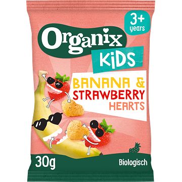 Foto van Organix kids knabbels banana & strawberry hearts 30g bij jumbo