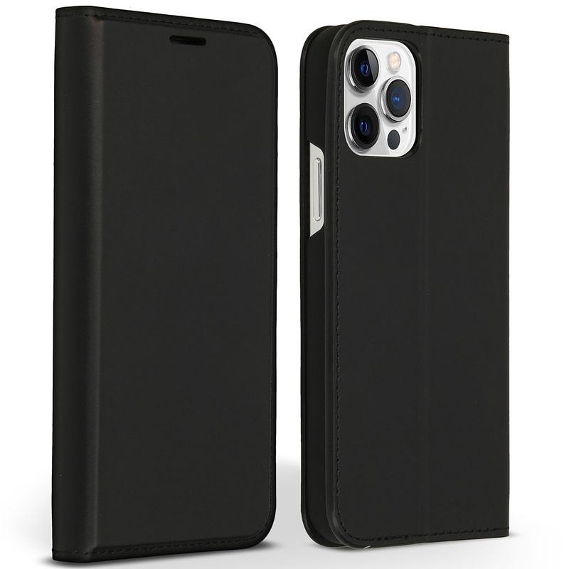 Foto van Accezz premium leather slim book case voor apple iphone 12 (pro) telefoonhoesje zwart